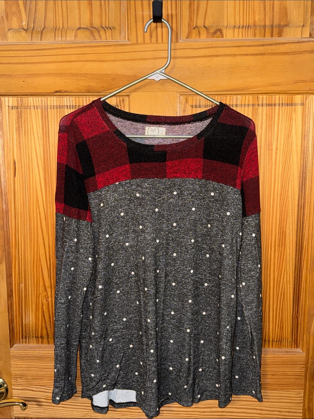 Maurices Red Buffalo Plaid Yoke with Gray Polka Dot Knit Top